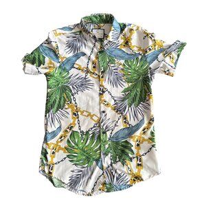 Suslo Couture Mens Slim Fit Tropical Print Button-Up Shirt